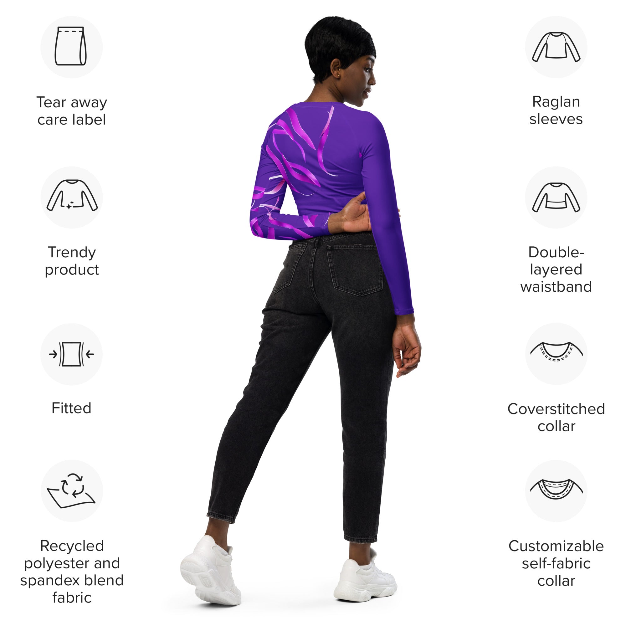 Purple & Pink crop top. Long-sleeved gym or dance top and streetwear. Women's yoga or fitness top. La Danza by WickedYo